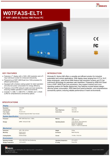 7" NXP i.MX6 EL Series HMI Panel PC W07FA3S-ELT1