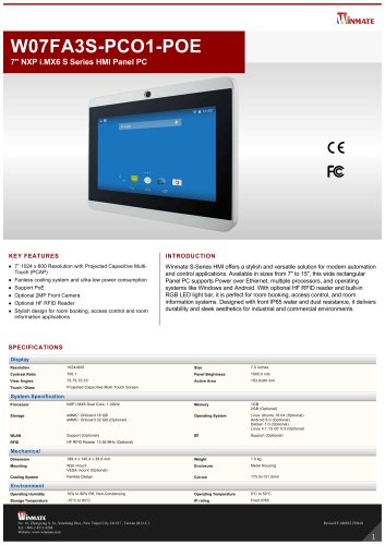 7" NXP i.MX6 S Series HMI Panel PC W07FA3S-PCO1-POE