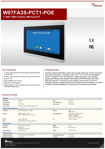 7" NXP i.MX6 S Series HMI Panel PC W07FA3S-PCT1-POE