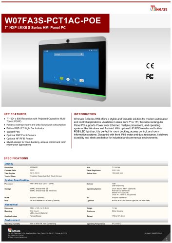 7" NXP i.MX6 S Series HMI Panel PC W07FA3S-PCT1AC-POE