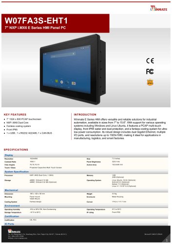 7" NXP i.MX6 E Series HMI Panel PC W07FA3S-EHT1