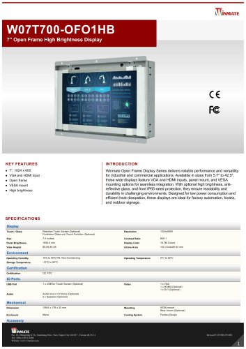 7” Open Frame High Brightness Display W07T700-OFO1HB