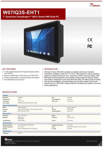 7" Qualcomm Snapdragon&trade; 660 E Series HMI Panel PC W07IQ3S-EHT1