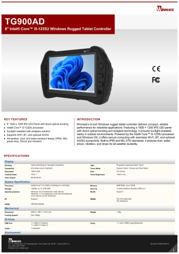 8" Intel® Core™ i5-1235U Windows Rugged Tablet Controller TG900AD
