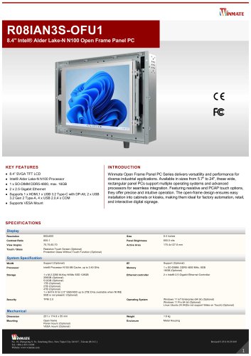 8.4" Intel® Alder Lake-N N150 Open Frame Panel PC R08IAN3S-OFU1