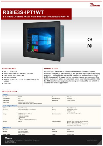 8.4" Intel® Celeron® N6211 Front IP65 Wide Temperature Panel PC R08IE3S-IPT1WT