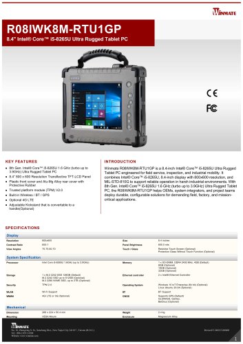 8.4" Intel® Core™ i5-8265U Ultra Rugged Tablet PC R08IWK8M-RTU1GP