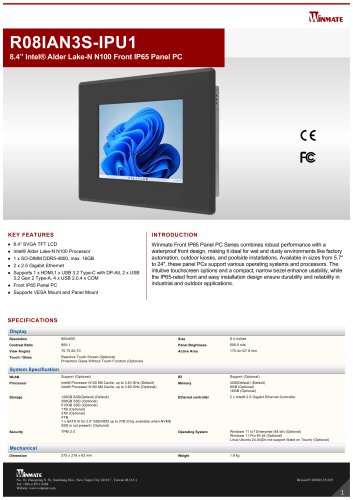 8.4” Intel® Twin Lake N150 Front IP65 Panel PC R08IAN3S-IPU1