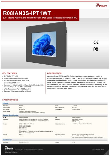 8.4” Intel® Twin Lake N150 Front IP65 Wide Temperature Panel PC R08IAN3S-IPT1WT