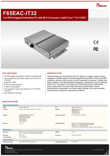 Full IP65 Rugged Embedded PC with M12 Connector, Intel® Core™ i5-1135G7 F65EAC-IT32