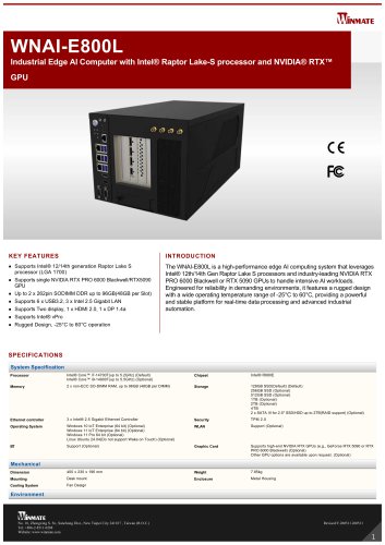 Industrial Edge AI Computer with Intel® Raptor Lake-S processor and NVIDIA® RTX™ GPU WNAI-E800L