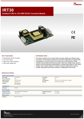 Isolated 9~36V to 12V 30W DC/DC Converter Module IRT30