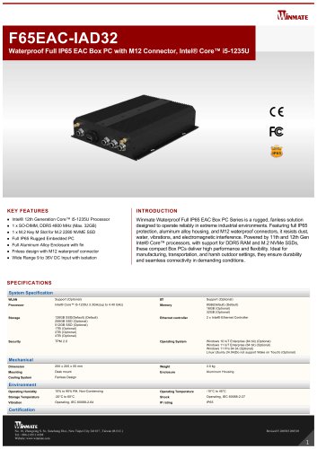 Waterproof Full IP65 EAC Box PC with M12 Connector, Intel® Core™ i5-1235U F65EAC-IAD32