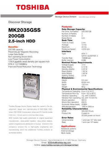 Datasheet for Toshiba 2.5-inch 200GB HDD