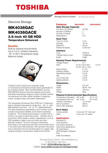 Datasheet for Toshiba Temperature Enhances Drives