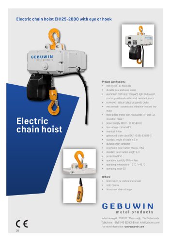 Electric chain hoist EH125-2000 with eye or hook