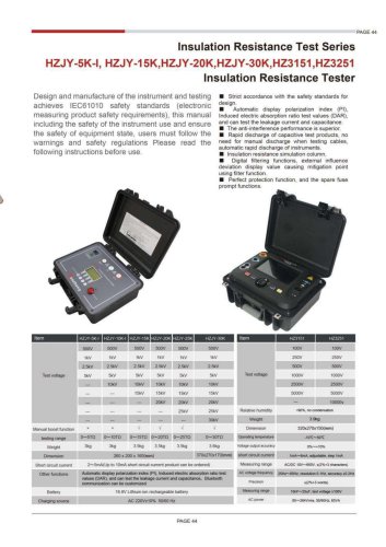 HZJY-5K-I 5kV HZJY-10K-I 10kV HZJY-15K 15kV HZJY-20K 20kV HZJY-30K 30kV HZ3151 5kV HZ3251 Insulation Resistance Tester
