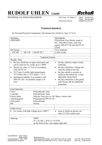 Datasheet Electrician´s face shield made of Polycarbonate, 7 kA