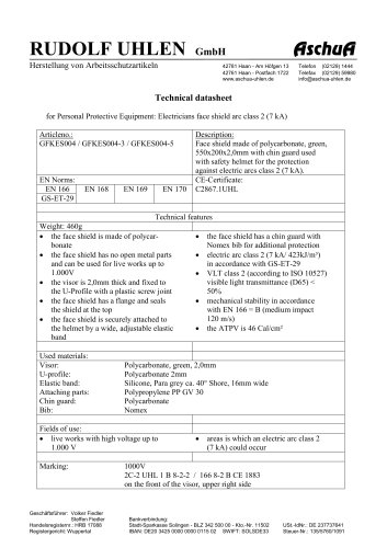 Datasheet Electrician´s face shield made of Polycarbonate, green, 7 kA