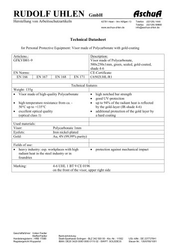 Datasheet Visor of Polycarbonate, green, sealed, gold-coated