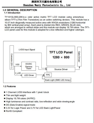 TFT LCD display module WTY101A08A01LM