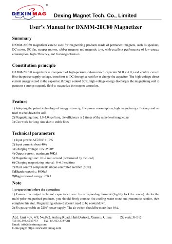 User Manual of DXMM-20C80 Magnetizer