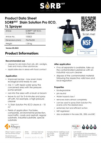 Product Data Sheet SORB&reg;XT Stain Solution Pro ECO, 1L Sprayer