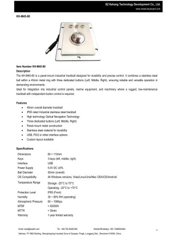 SZ KEHANG Panel Mount Stainless Steel Trackball KH-M45-80