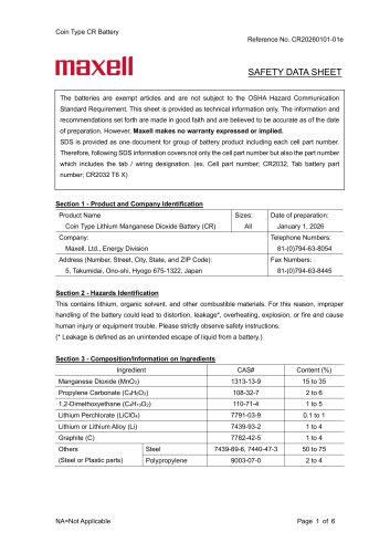 Coin Type Lithium Manganese Dioxide Batteries (CR)_safety data sheet
