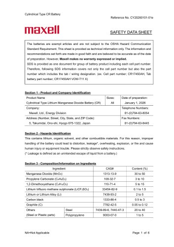 Cylindrical Type Lithium Manganese Dioxide Batteries (CR)_safety data sheet