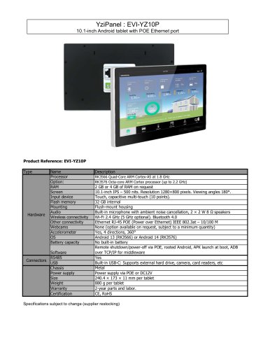 EVI-YZ10P : 10.1-inch Android tablet with POE Ethernet port