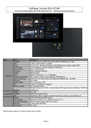 EVI-YZ14P: 14-inch Android tablet with POE Ethernet port &ndash; Optional proximity sensor