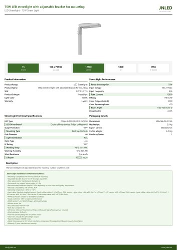 75W LED streetlight with adjustable bracket for mounting