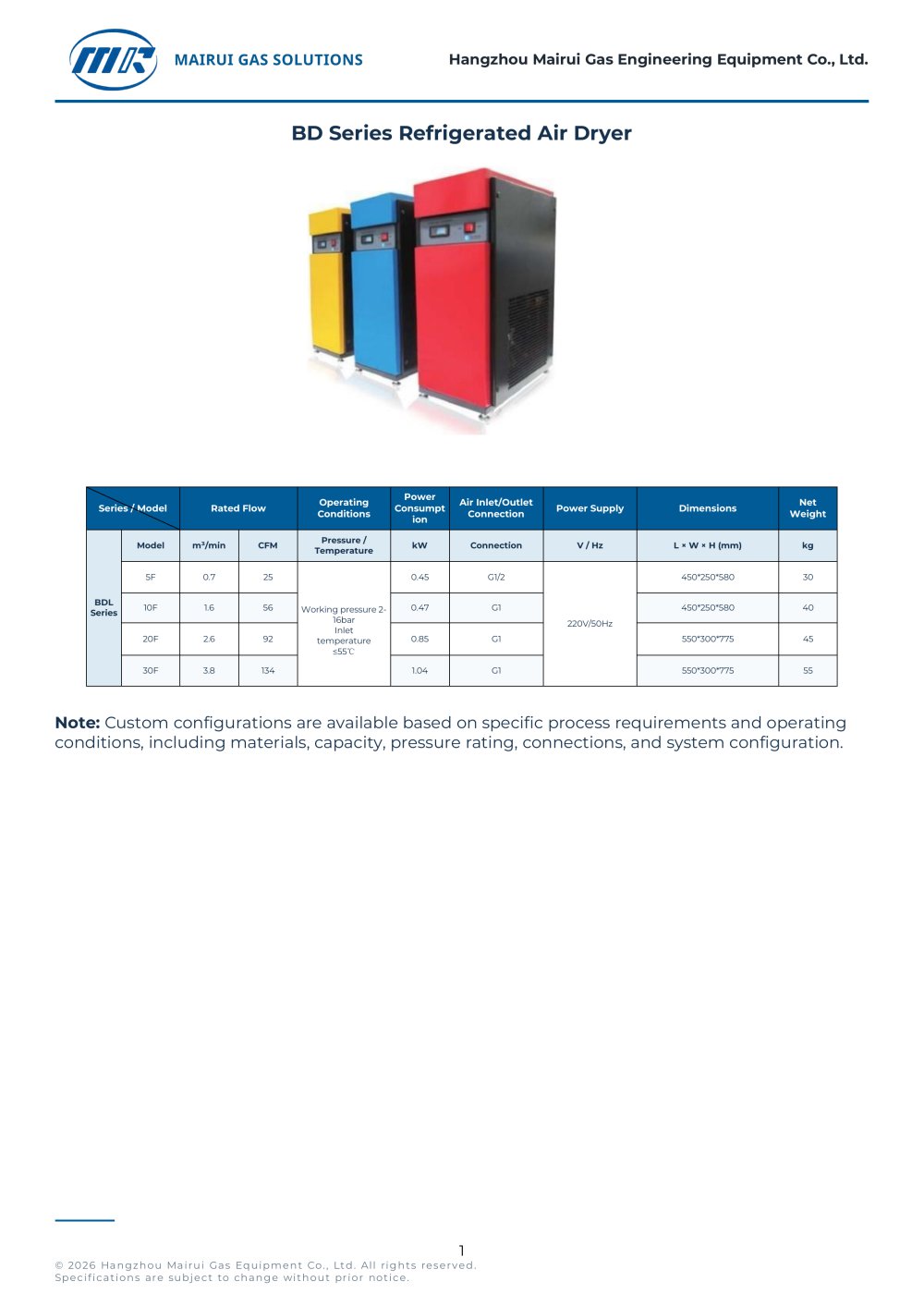 BD Series Refrigerated Air Dryer - Hangzhou Mairui Gas Engineering Equipment Co., Ltd