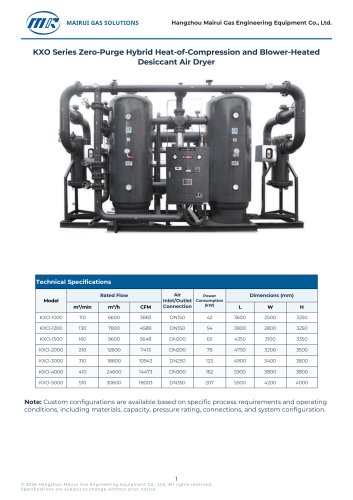 KXO Series Zero-Purge Hybrid Heat-of-Compression and Blower-Heated Desiccant Air Dryer
