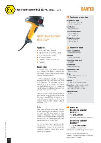 Hand-held scanner BCS 302ex for ATEX Zone 1 and 2