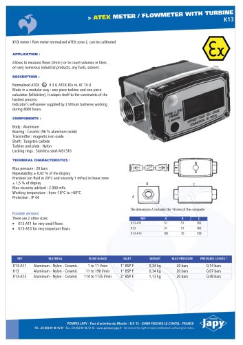 ATEX meter, flow meter with turbine: K13