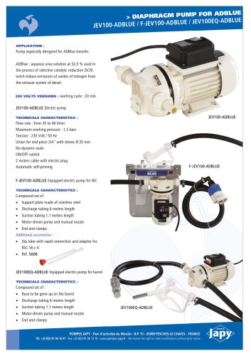 Electric diaphragm pump for ADBLUE: JEV100-ADBLUE - F-JEV100-ADBLUE - JEV100EQ-ADBLUE