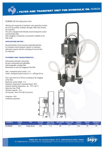 Filter and transfert unit for hydraulic oil: FILTRO20