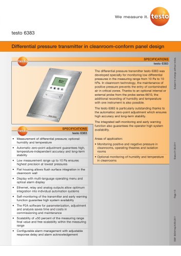 Differential pressure transmitter in cleanroom-conform panel design - testo 6383