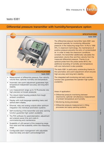 Differential pressure transmitter with humidity/temperature option - testo 6381