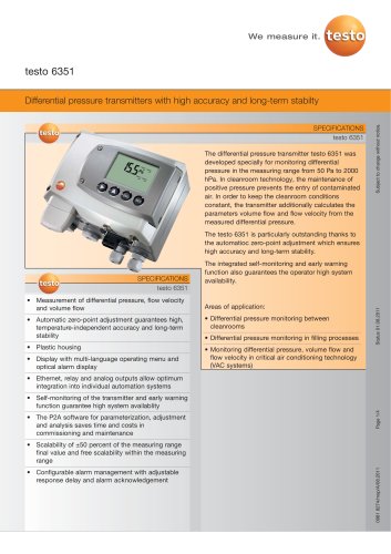 Differential pressure transmitters with high accuracy and long-term stabilty - testo 6351