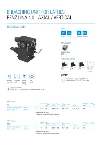 Product sheet: Broaching unit BENZ LINA 4.0 AXIAL VERTICAL for turning centers