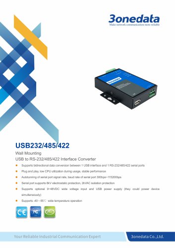 3onedata | USB485I | Wall Mounting | Bidirectionial data conversion | USB to RS-232/485/422 Interface Converter