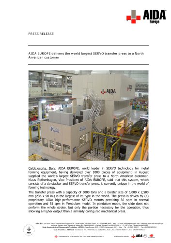 AIDA EUROPE delivers the world largest SERVO transfer press to a North American customer