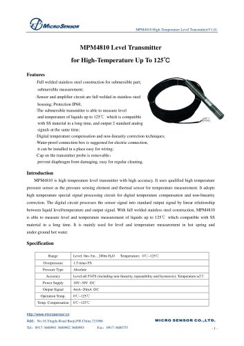 MPM4810 Level Transmitter for High-Temperature Up To 125℃