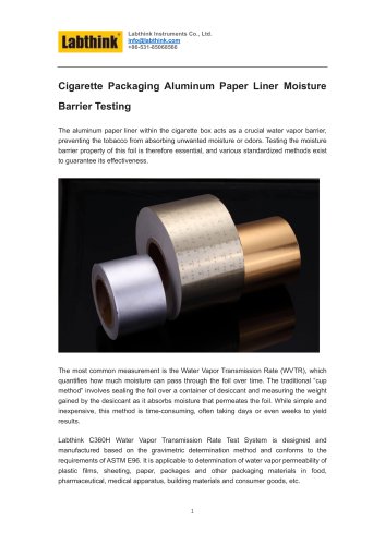 Cigarette Packaging Aluminum Paper Liner Moisture Barrier Testing