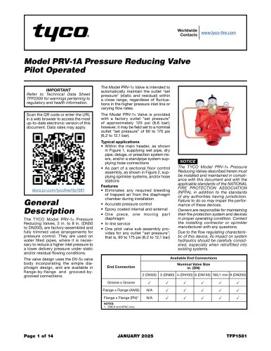 Model PRV-1A Pressure Reducing Valve Pilot Operated