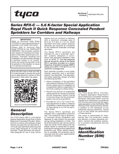 Series RFII-C — 5.6 K-factor Special Application Royal Flush II Quick Response Concealed Pendent Sprinklers for Corridors and Hallways