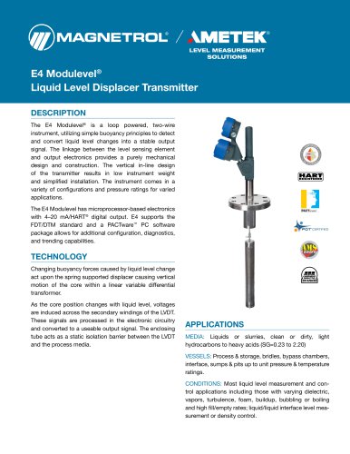 E4 Modulevel® Liquid Level Displacer Transmitter